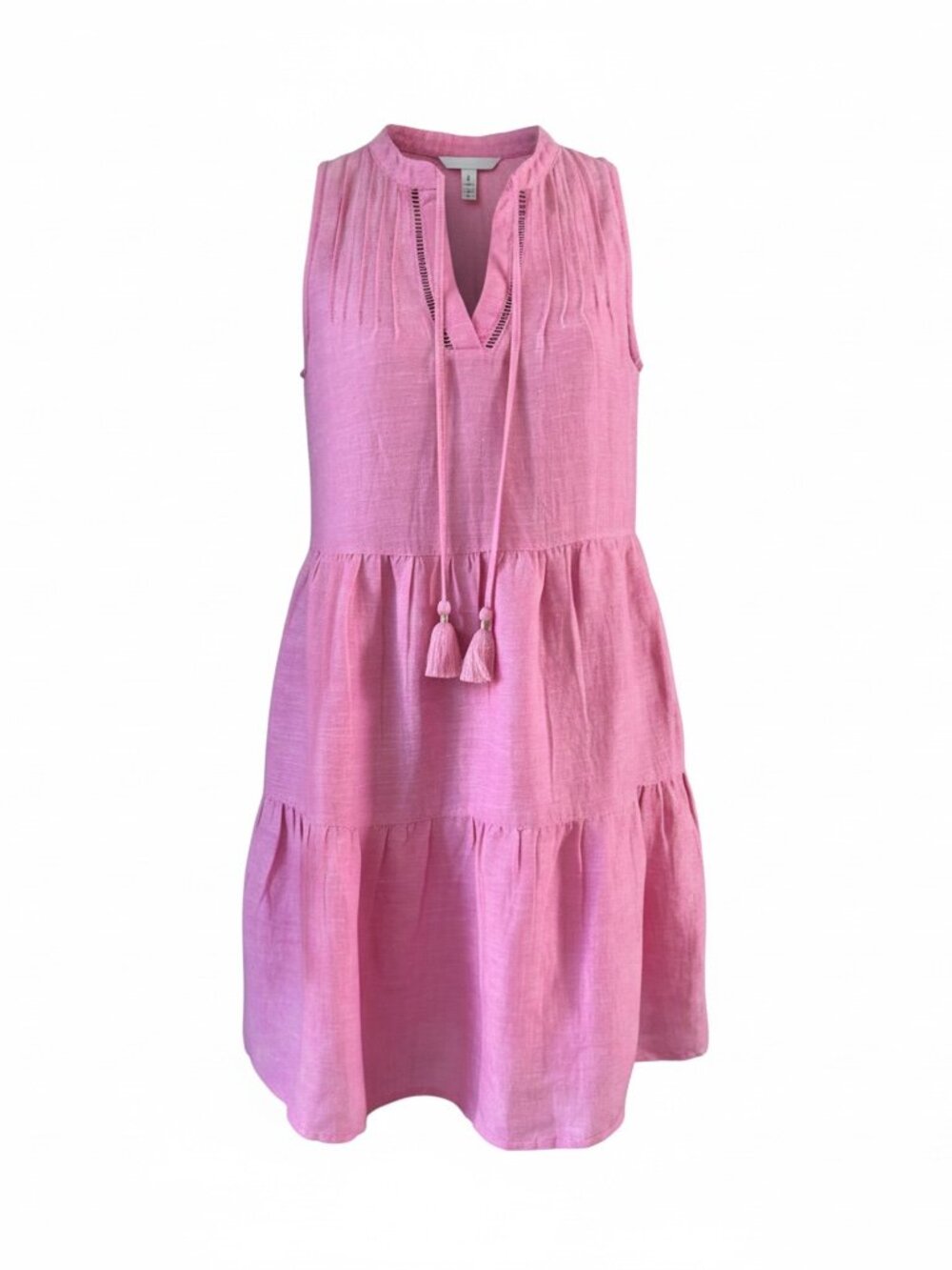 Tommy Bahama Pink Linen Blend Tiered Dress With Tassel Tie And Pockets XXS